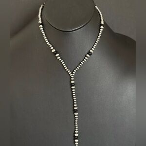 Sterling Silver Black Onyx W Pearls Bead Lariat Y Necklace. 26 inch